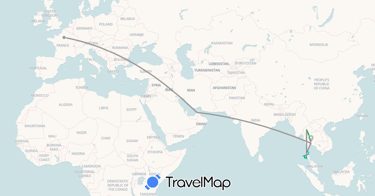 TravelMap itinerary: driving, bus, plane, train, boat in United Arab Emirates, France, Thailand (Asia, Europe)