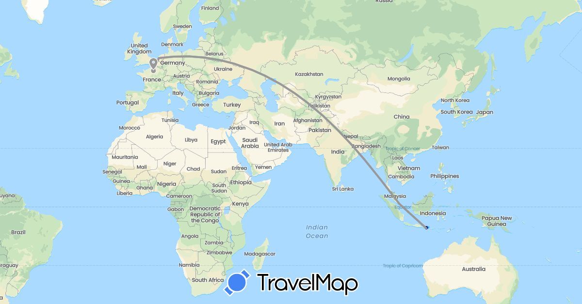 TravelMap itinerary: driving, plane, cycling, hiking, boat in France, Indonesia, Netherlands, Singapore (Asia, Europe)